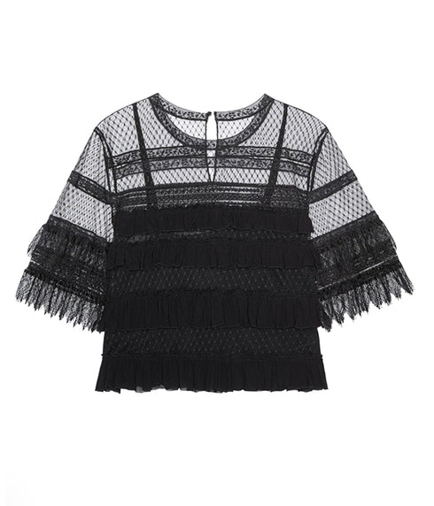 The Winter Lace Flounce Top - Black